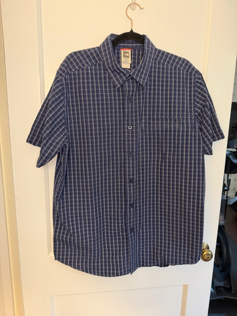 The North Face Men's Plaid Shirt Blue White Short Sleeve 100% Cotton Size L